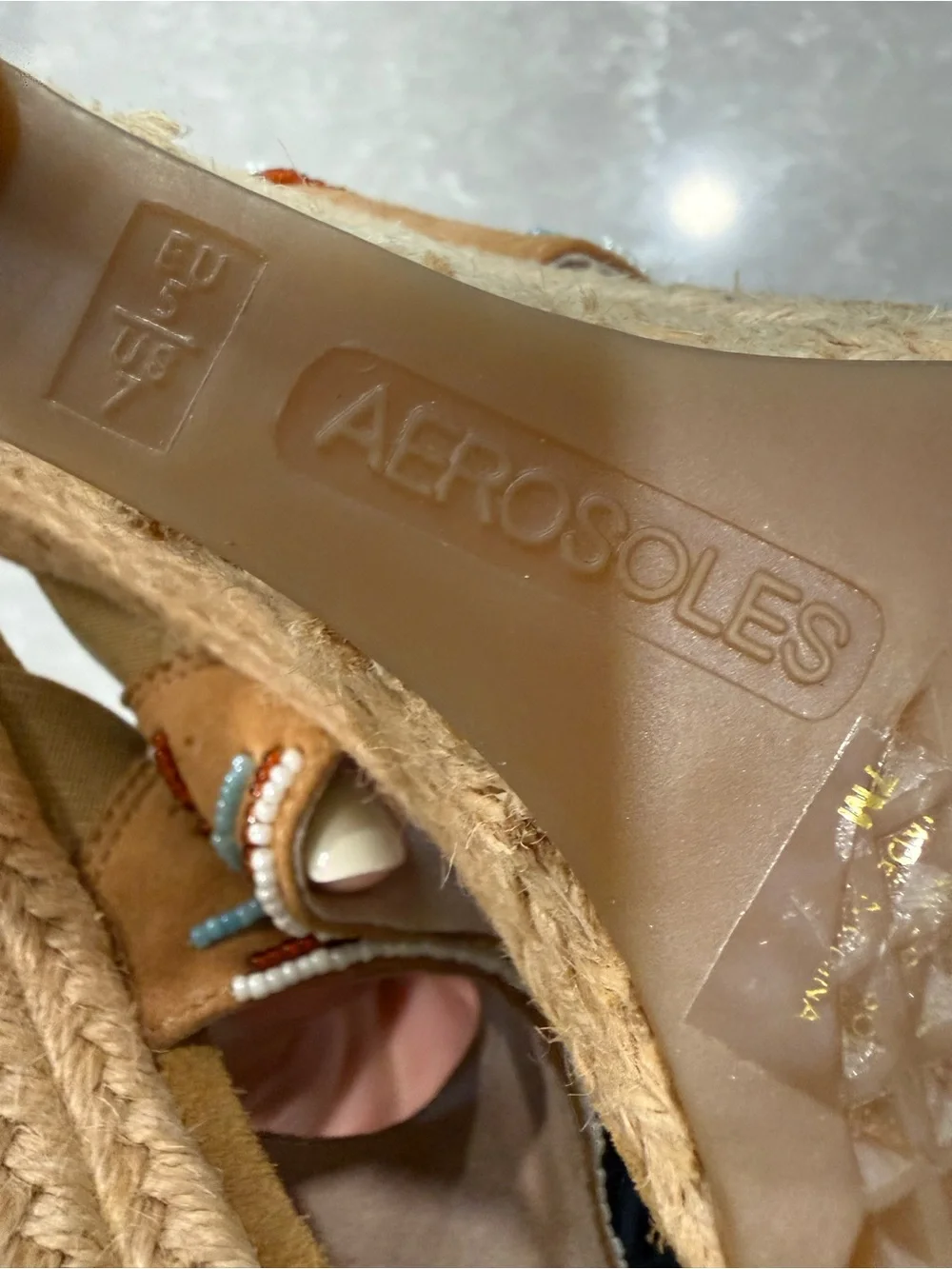 Aerosoles Beaded Espadrille Wedge Sandals Tan Suede Boho Size 7M